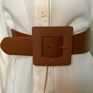 Camel PU leather elastic waistband belt with square metallic buckle